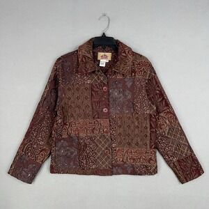 Barn Fly Jacket Womens Medium Maroon Gold Patchwork Tapestry Boho Western Ranch